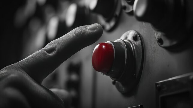 Human finger about to press red button on a grayscale control panel