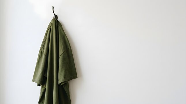 Minimalist Olive Green Shirt Hanging on Wall Hook with Copy Space