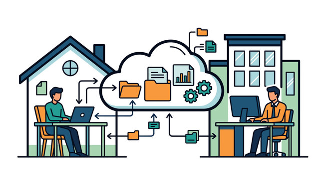 Remote workers collaborating online with cloud computing and data sharing