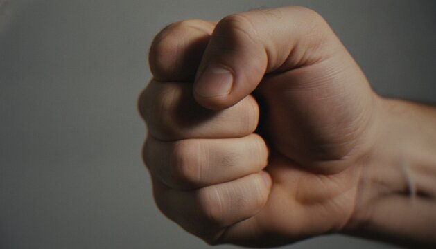 A close-up shot of a human hand clenched into a tight fist against a neutral, moody gray background.
