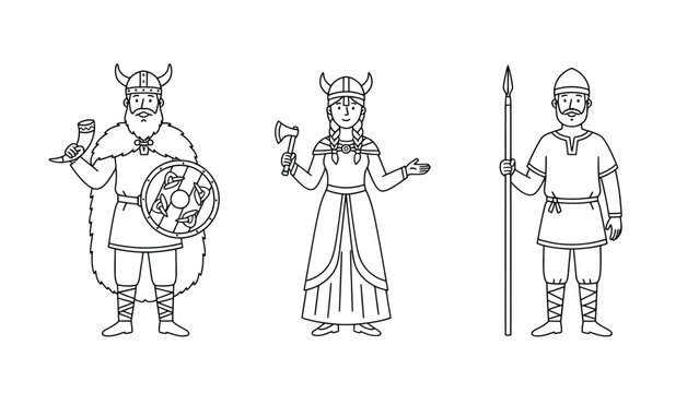 Viking Warrior Characters: A Collection of Norsemen and Shieldmaidens in Traditional Attire.
