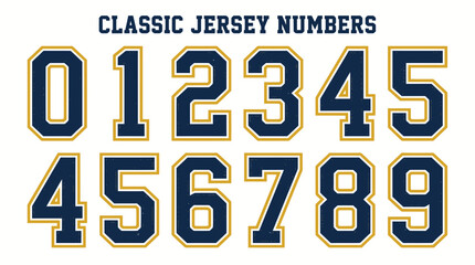 Naklejka premium Classic varsity sports jersey numbers set with navy and gold outlines