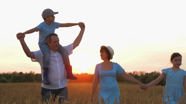 happy family, parents man woman holding children hands sunset park, mother father parents kid outdoors nature, rural happiness, persons go holding, family building tree house, childhood weekend woman