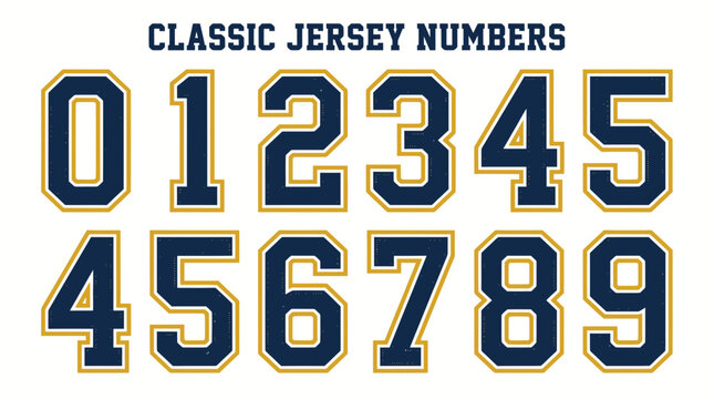 Classic varsity sports jersey numbers set with navy and gold outlines