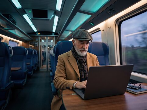 Elegant senior Caucasian man working laptop train interior blue lighting