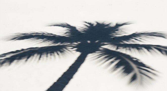 Dramatic palm tree shadow cast on white sand beach at golden hour, creating stark tropical silhouette with natural lighting and minimalist composition