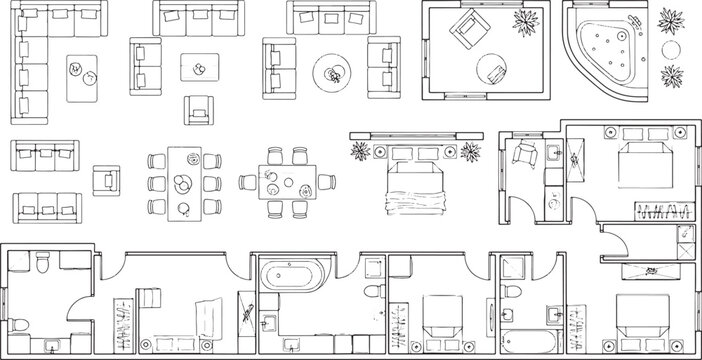 Architectural floor plan layout with furniture symbols and interior design elements for residential house planning in vector line art