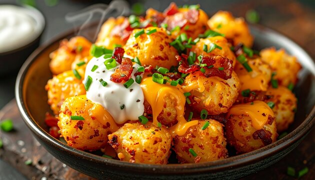 Loaded tater tots covered with melted cheddar cheese, crispy bacon bits, sour cream, fresh chives, steam rising, restaurant-style plating, dramatic food photography