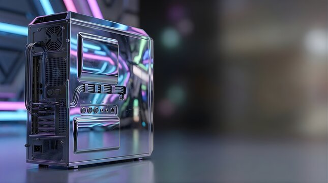 Chrome metallic computer tower for gaming with neon lights in studio