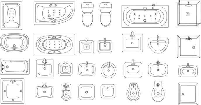 Set of bathroom sanitary ware icons in top view showing bathtubs toilets bidets and washbasins as black line drawings