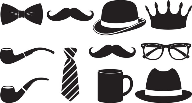 Hipster Gentleman Accessories Icons Set with Fedora Hat, Mustache, Pipe, Glasses, Crown and Bow Tie Vector