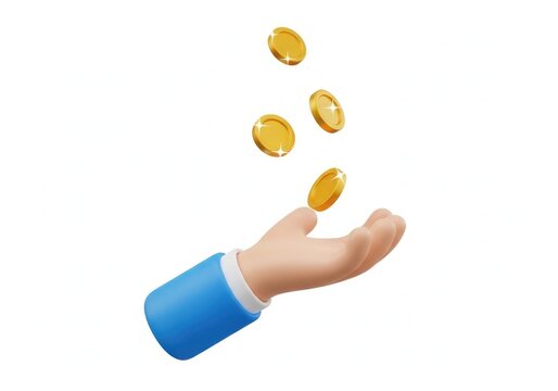 3d cartoon hand catching falling gold coins isolated on white background
