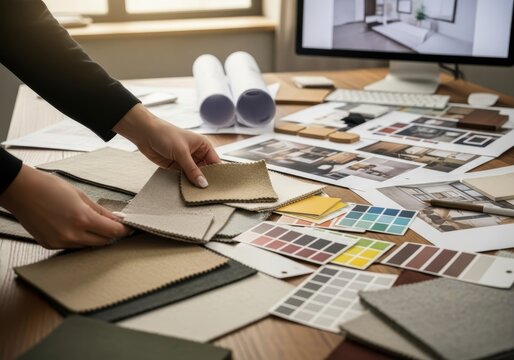 Interior designers hands selecting fabric swatches and color samples from a wooden desk cluttered with design materials and mood boards