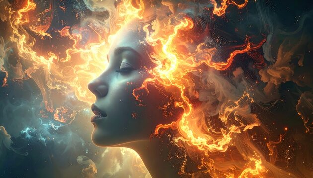 Woman's serene profile, hair ablaze with swirling fire & ethereal clouds