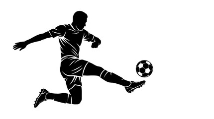 Dynamic silhouette illustration of a male soccer player in mid-air, powerfully striking a football during a match © Dileesha