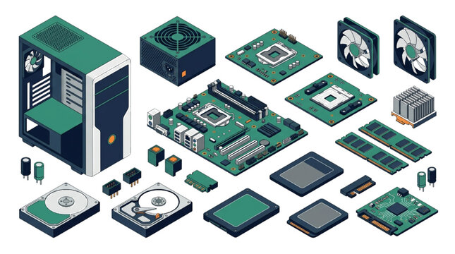 Isometric Computer Hardware Components Kit for Custom PC Building and Maintenance Projects