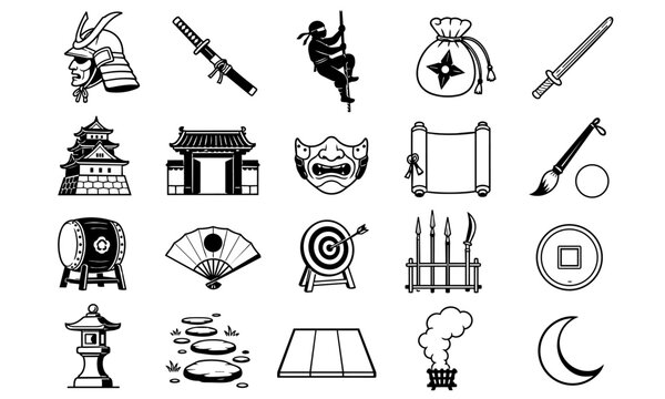 Samurai ninja and traditional weapons icon set