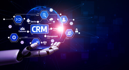 Fototapeta premium This captivating image features a robotic hand showcasing global CRM solutions, highlighting customer service, management, and advanced data analytics in a digital environment. Tessel