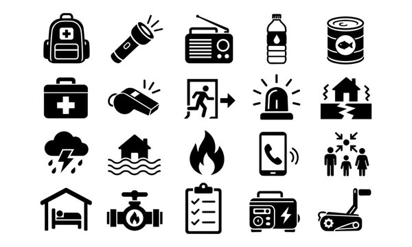 Disaster preparedness and evacuation icon set