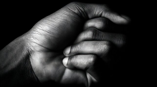 Close up of a dark hand with details in grayscale tones against black backdrop