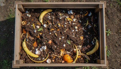 A high-angle view of a wooden compost bin filled with rich soil, organic food waste like banana peels, eggshells, and orange rinds, representing sustainable gardening and recycling practices. © dang