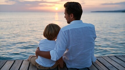 Fototapeta premium Father and Son Enjoy Sunset Together by the Calm Ocean on a Wooden Dock at Dusk