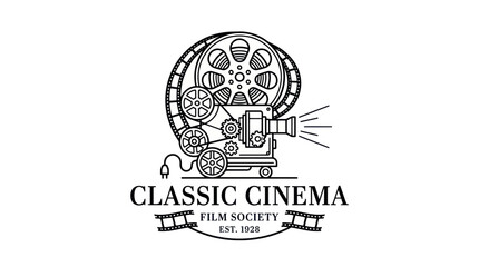 Fototapeta premium Vintage movie projector line art logo for classic cinema film society
