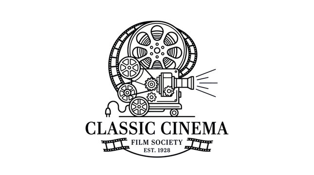 Vintage movie projector line art logo for classic cinema film society