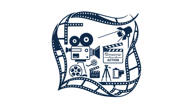Filmmaking equipment icons framed by swirling cinematic film strips