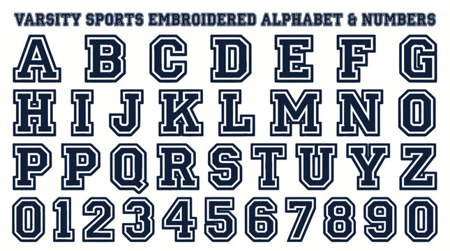 Collegiate style embroidered block alphabet and numbers set