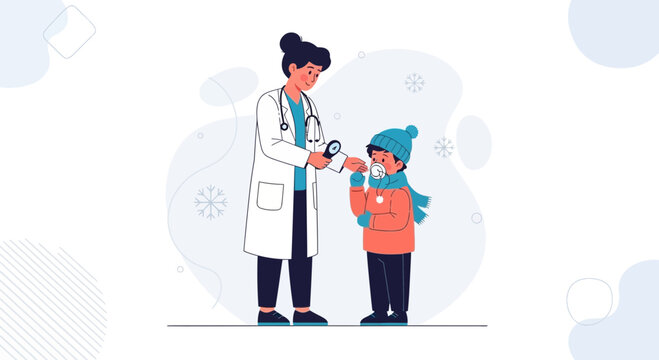 Doctor examining a child wearing a mask and winter clothes, illustrating healthcare during cold seasons or illness.