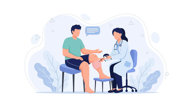 Doctor examining a patient's knee with a reflex hammer, medical consultation, healthcare concept illustration