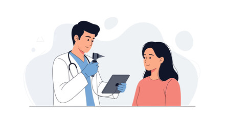 Fototapeta premium Doctor examining patient with otoscope and tablet, vector illustration of healthcare and medical consultation