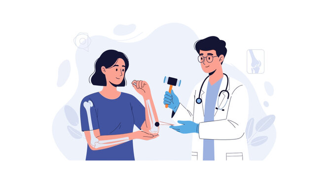 Doctor examining patient's elbow with reflex hammer, medical illustration highlighting bone structure and consultation.