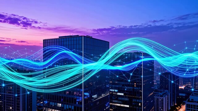 Futuristic city skyline with digital wave