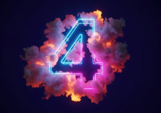 A glowing neon number 4 in blue and pink, surrounded by a vibrant explosion of colorful clouds against a dark blue sky