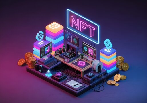 Futuristic neon nft station with glowing blockchain technology and digital currency coins, symbolizing crypto art and decentralized finance