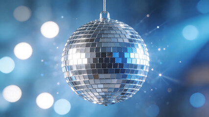 Obraz premium Hanging disco ball with bokeh lights emphasizing modern aesthetics and minimalist design