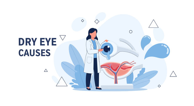 Doctor Explains Dry Eye Causes with Anatomical Eye Illustration and Tear Drops