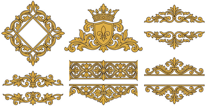 Set of intricate golden baroque ornaments featuring royal crown motifs decorative heraldic shield designs symmetrical floral scroll patterns and elegant divider borders for classic vintage