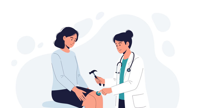 Doctor performing neurological reflex test on patient's knee with reflex hammer in modern flat illustration style