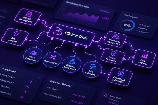 Complex flowchart illustrating the clinical trials process for medical research and development