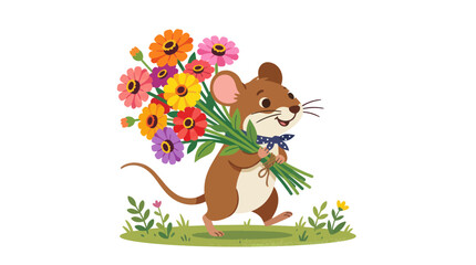 Naklejka premium Cute cartoon mouse carrying a colorful bouquet of flowers
