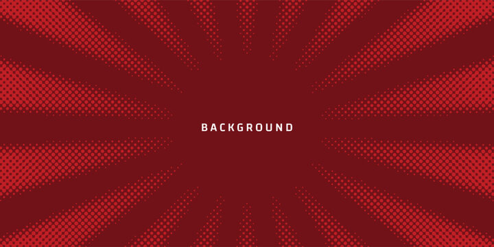 Abstract Red Halftone Dot Pattern Background with Retro Comic Sunburst Radial Rays and Center Copy Space Texture