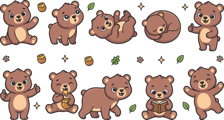 Obraz premium Cute Cartoon Bear Collection Set with Adorable Forest Animals Reading Sleeping Playing and Holding Honey Vector Illustration