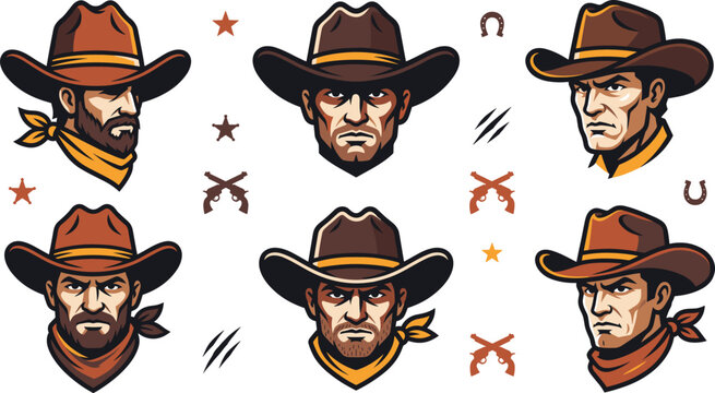 Cowboy Character Collection Set with Western Sheriff Faces Vintage Wild West Mascots and Cartoon Vector Illustration