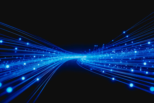 Bright blue light streams and particles converge toward a central point in a dark space, representing digital data flow and high-tech concepts.