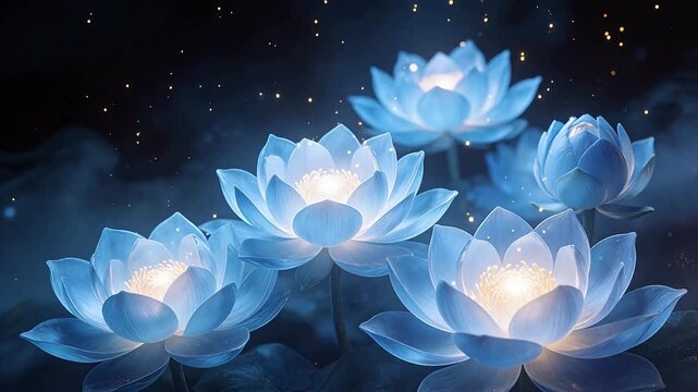 Blue lotus flowers glowing in dark