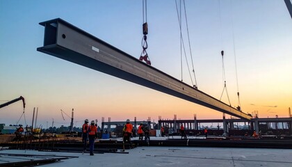 Naklejka premium Construction site with steel beam lifting.