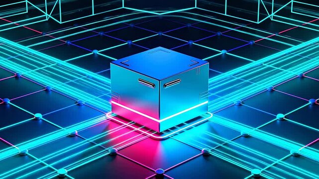 Futuristic cube on glowing grid